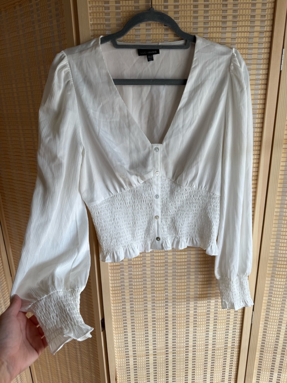 Lucy Paris Ivory V-Neck Smocked Waist Button-Front Blouse